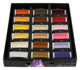 Die ACKERMANN® UNIVERSAL 120 Nähgarn-Box (schwarz) enthält 36 nummerierte 200-Meter-Spulen aus Polyester in verschiedenen Farbtönen, die übersichtlich angeordnet sind und sich ideal für vielseitige Nähprojekte eignen.