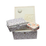 Nähkorb-Set Blumenmuster lila, weiss (1x groß und 1x mittel) und Accessoires Box (mit Zubehör)