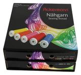 Eine Schachtel ACKERMANN® UNIVERSAL 120 Nähgarn (schwarz) mit 36 Spulen Polyester-Nähgarn à 200 m von ACKERMANN®.
