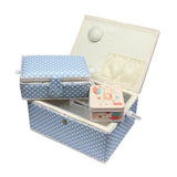 Nähkorb-Set blau, weiss gepunktet (1x groß und 1x mittel) und Accessoires Box (mit Zubehör)