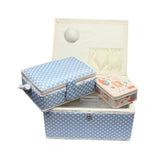 Nähkorb-Set blau, weiss gepunktet (1x groß und 1x mittel) und Accessoires Box (mit Zubehör)