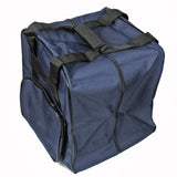 Eine geräumige, marineblaue, quadratische Stofftasche mit schwarzen Tragegriffen und einer Seitentasche mit Reißverschluss – hier vor weißem Hintergrund abgebildet – eignet sich ideal als ACKERMANN® Tragetasche / Tasche für Overlock-Nähmaschinen (z. B. für Gritzner 788 oder Dorina 710) und gewährleistet den sicheren Transport Ihrer Nähmaschine oder von Original-Ersatzteilen von Gritzner.