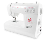 Eine weiße ACKERMANN® Dorina 333 Freiarm-Nähmaschine mit 33 Stichmustern und Alphabet-Markierungen auf dem Bedienfeld ist vor einem schlichten weißen Hintergrund abgebildet.