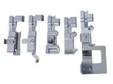 Fünf Metall-Nähmaschinen-Nähfüße aus dem ACKERMANN®-Füßchenset für die Gritzner 788 Overlock (fünfteilig) sind in einer Reihe auf weißem Hintergrund angeordnet; jeder weist ein eigenständiges Design und eine eigene Befestigungsart auf, um ihre unterschiedlichen Funktionen für verschiedene Nähanwendungen hervorzuheben.