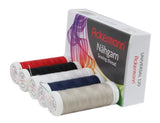 Hier ist eine überarbeitete Version Ihres Satzes unter Verwendung der bereitgestellten Produktdaten: Fünf Spulen Ackermann® Nähgarn Stärke 120 mit jeweils 200 Metern hochwertigem Polyestergarn in verschiedenen Farben sind vor einer Markenverpackung mit der Aufschrift „Nähgarn Sewing thread“ angeordnet. Dieses Farbenmix-Universal-Nähgarn-Set ist gemäß dem OEKO-TEX STANDARD 100 auf Sicherheit und Zuverlässigkeit zertifiziert.