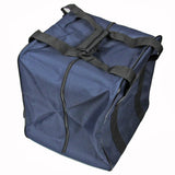 Eine blaue, quadratische Stofftasche mit schwarzen Tragegriffen und einem Reißverschluss an der Vorderseite steht aufrecht vor einem weißen Hintergrund – die perfekte ACKERMANN® Tragetasche / Tasche für Overlock-Nähmaschinen, ideal für den sicheren Transport Ihrer Gritzner 788 oder Dorina 710.