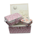 Nähkorb-Set Blumenmuster rosa, weiss (1x groß und 1x mittel) und Accessoires Box (mit Zubehör)